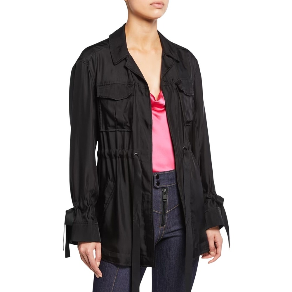 Cinq a Sept Mathieu Twill Utility Jacket L Black Cupro Drawstring Waist Bow Cuff
